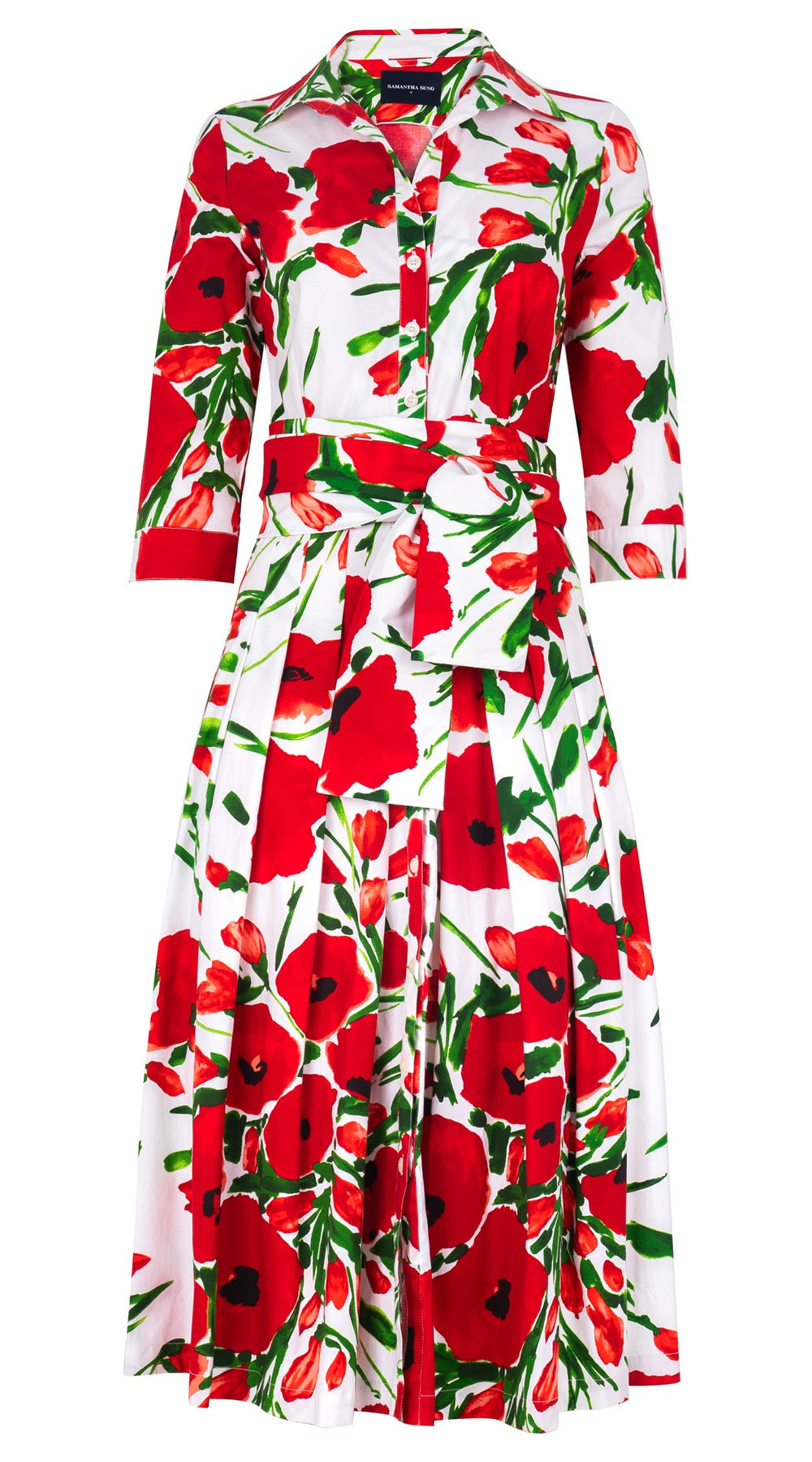 Audrey Dress #2 Shirt Collar 3/4 Sleeve Midi Length Cotton Stretch (Fiori Poppy Big White)