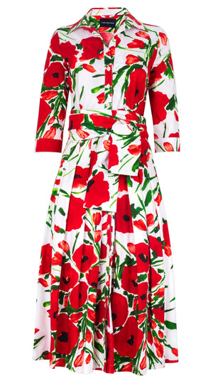 Audrey Dress #2 Shirt Collar 3/4 Sleeve Midi Length Cotton Stretch (Fiori Poppy Big White)
