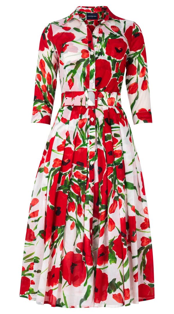 Audrey Dress #4 Shirt Collar 3/4 Sleeve Midi Length Cotton Musola (Fiori Poppy Big White)