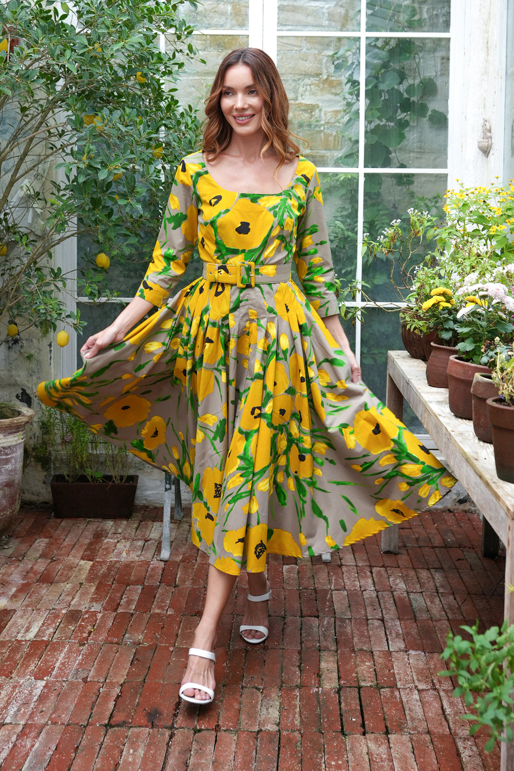 Amber Dress U Neck 3/4 Sleeve Midi Length Cotton Stretch (Fiori Poppy Big Pastel)