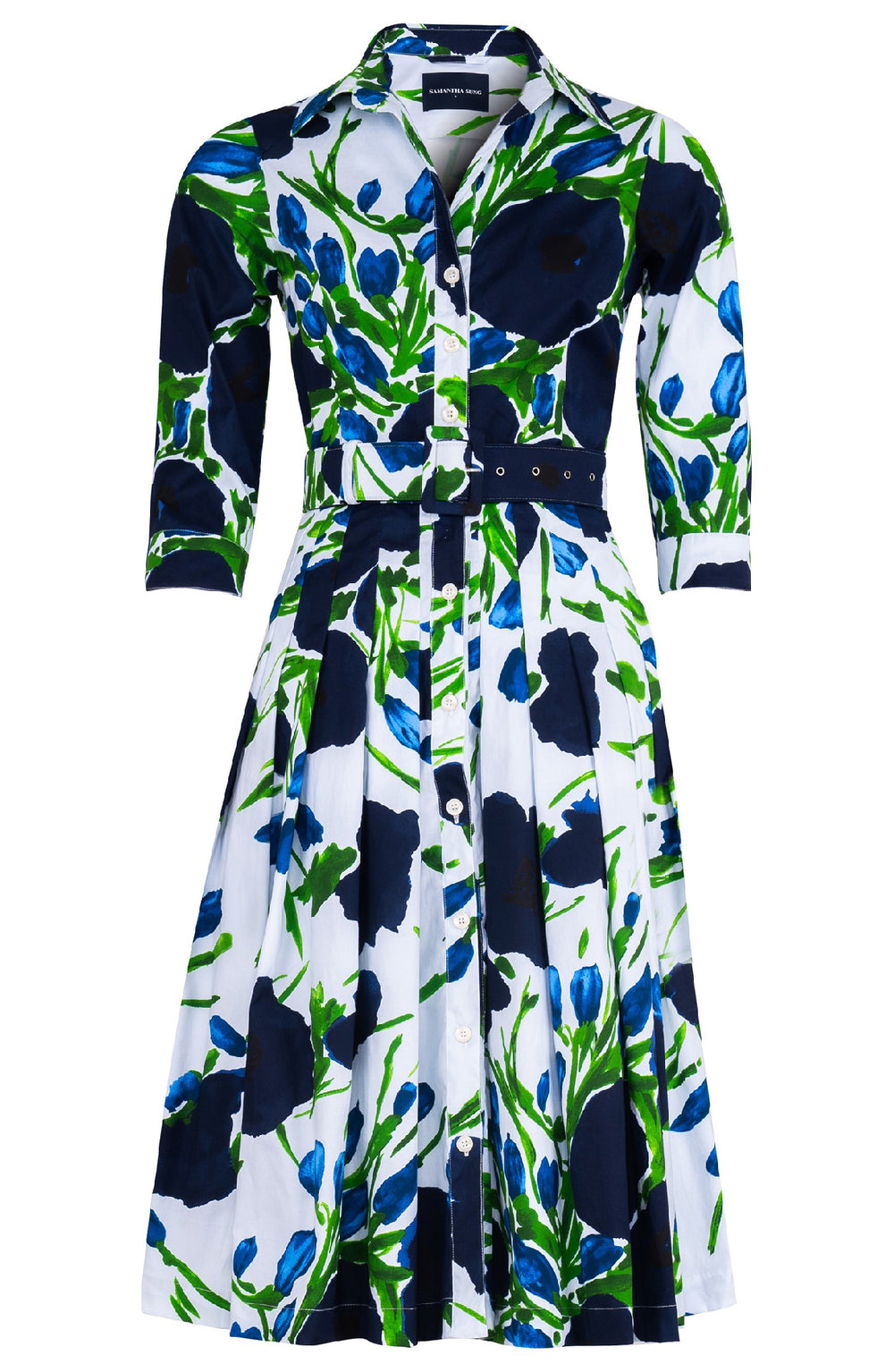 Audrey Dress #2 Shirt Collar 3/4 Sleeve Long Length Cotton Stretch (Fiori Poppy Pastel)