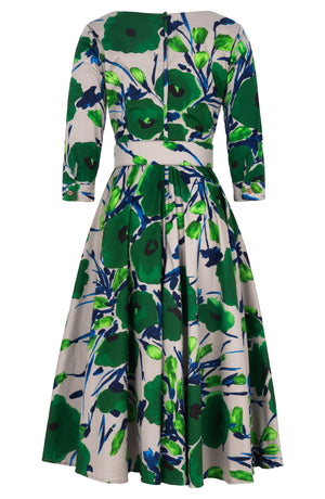 Amber Dress U Neck 3/4 Sleeve Midi Length Cotton Stretch (Fiori Poppy Dark)