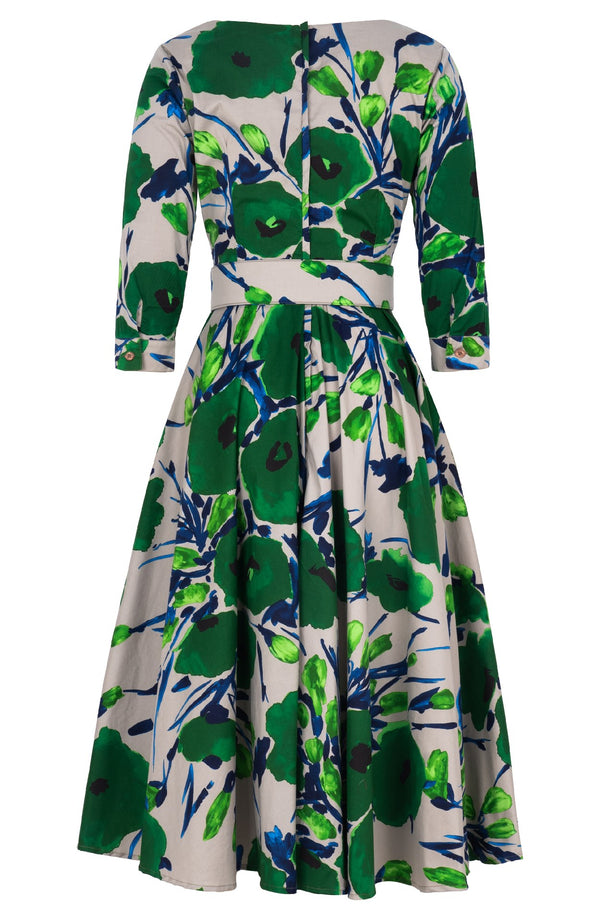Amber Dress U Neck 3/4 Sleeve Midi Length Cotton Stretch (Fiori Poppy Dark)
