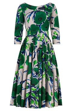 Amber Dress U Neck 3/4 Sleeve Midi Length Cotton Stretch (Fiori Poppy Dark)