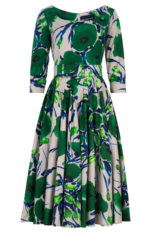 Amber Dress U Neck 3/4 Sleeve Midi Length Cotton Stretch (Fiori Poppy Dark)