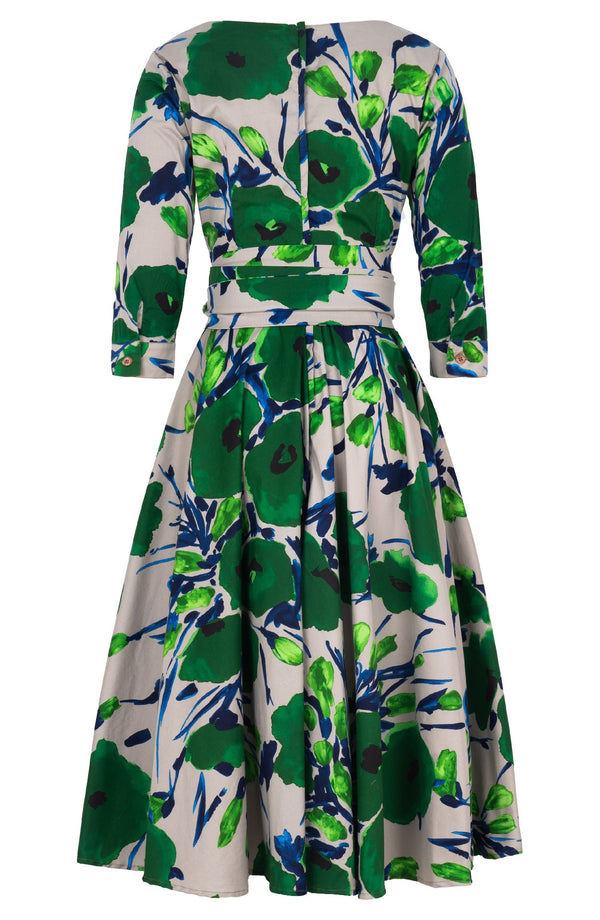 Amber Dress U Neck 3/4 Sleeve Midi Length Cotton Stretch (Fiori Poppy Dark)