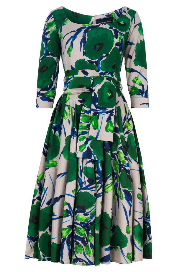 Amber Dress U Neck 3/4 Sleeve Midi Length Cotton Stretch (Fiori Poppy Dark)