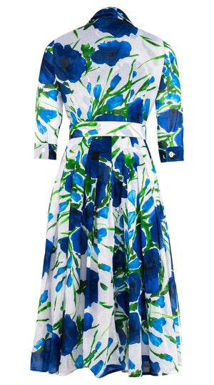 Audrey Dress #4 Shirt Collar 3/4 Sleeve Midi Length Cotton Musola (Fiori Poppy Big White)