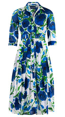 Audrey Dress #4 Shirt Collar 3/4 Sleeve Midi Length Cotton Musola (Fiori Poppy Big White)