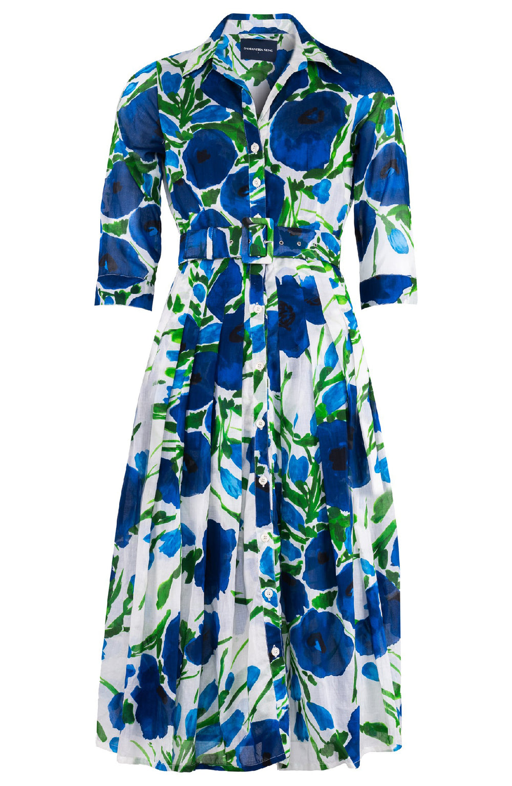 Audrey Dress #4 Shirt Collar 3/4 Sleeve Midi Length Cotton Musola (Fiori Poppy White)