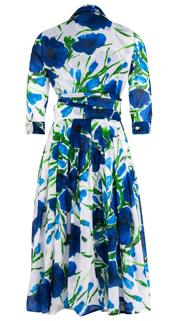 Audrey Dress #4 Shirt Collar 3/4 Sleeve Midi Length Cotton Musola (Fiori Poppy Big White)