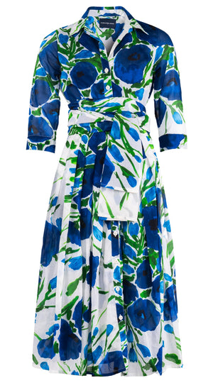 Audrey Dress #4 Shirt Collar 3/4 Sleeve Midi Length Cotton Musola (Fiori Poppy Big White)