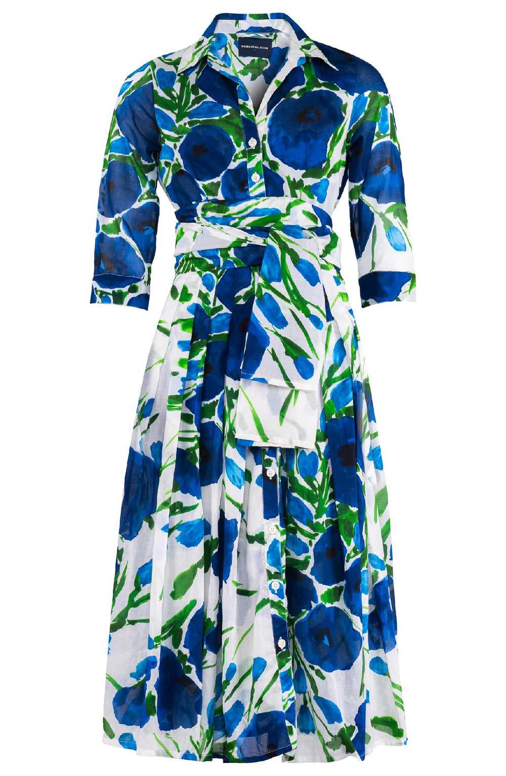 Audrey Dress #4 Shirt Collar 3/4 Sleeve Midi Length Cotton Musola (Fiori Poppy White)