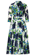 Aster Dress Shirt Collar 3/4 Sleeve Midi Length Cotton Musola (Fiori Poppy White)