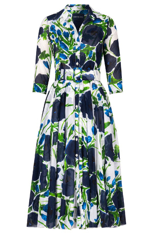 Aster Dress Shirt Collar 3/4 Sleeve Midi Length Cotton Musola (Fiori Poppy White)