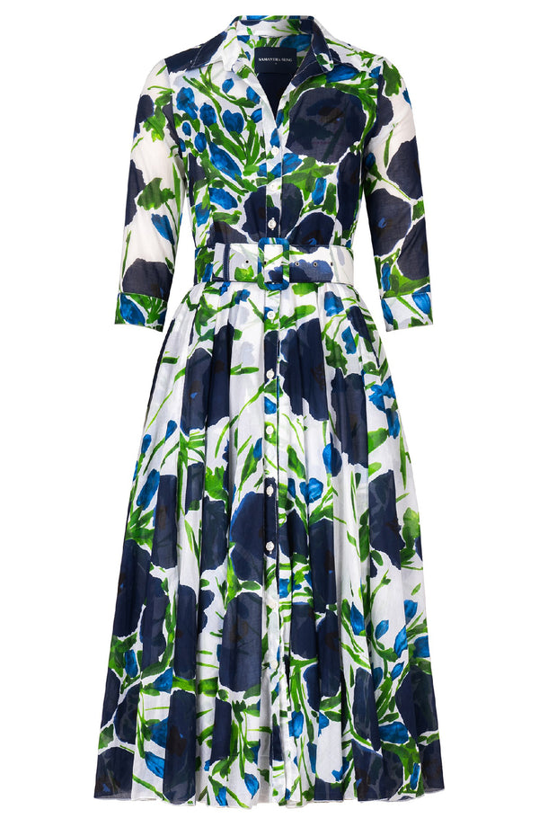 Aster Dress Shirt Collar 3/4 Sleeve Midi Length Cotton Musola (Fiori Poppy White)