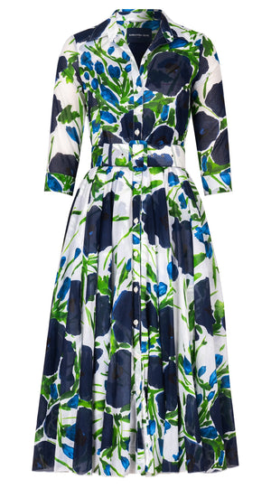 Aster Dress Shirt Collar 3/4 Sleeve Midi Length Cotton Musola (Fiori Poppy Big White)