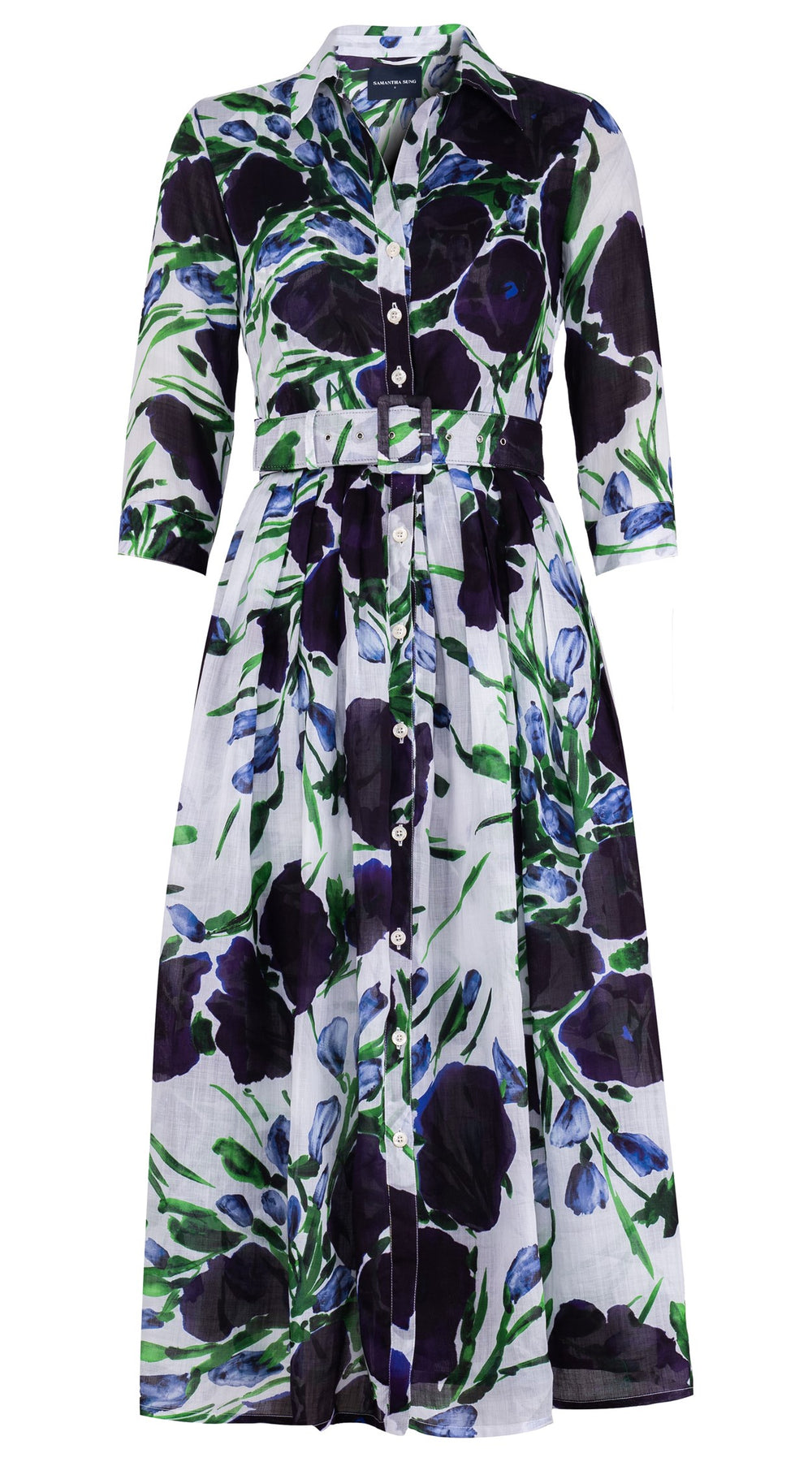 Audrey Dress #6 Shirt Collar 3/4 Sleeve Midi Plus Length Ramie (Fiori Poppy Big White)