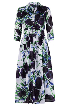 Audrey Dress #6 Shirt Collar 3/4 Sleeve Midi Plus Length Cotton Musola (Fiori Poppy White)