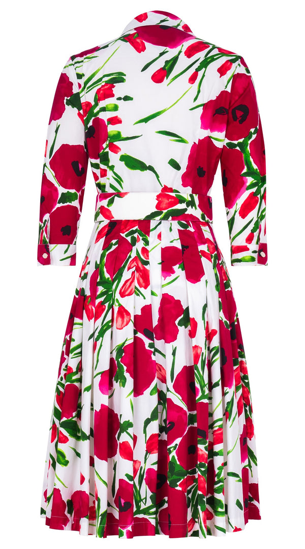 Audrey Dress #4 Shirt Collar 3/4 Sleeve Regular Length Cotton Stretch (Fiori Poppy Big White)