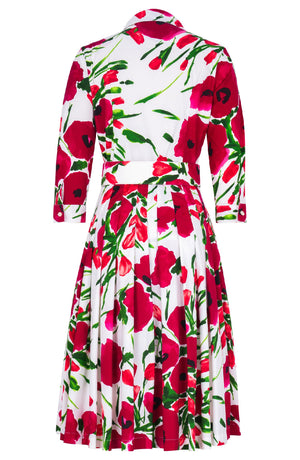 Audrey Dress #4 Shirt Collar 3/4 Sleeve Regular Length Cotton Stretch (Fiori Poppy White)