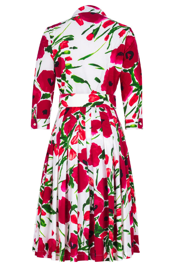 Audrey Dress #4 Shirt Collar 3/4 Sleeve Regular Length Cotton Stretch (Fiori Poppy White)