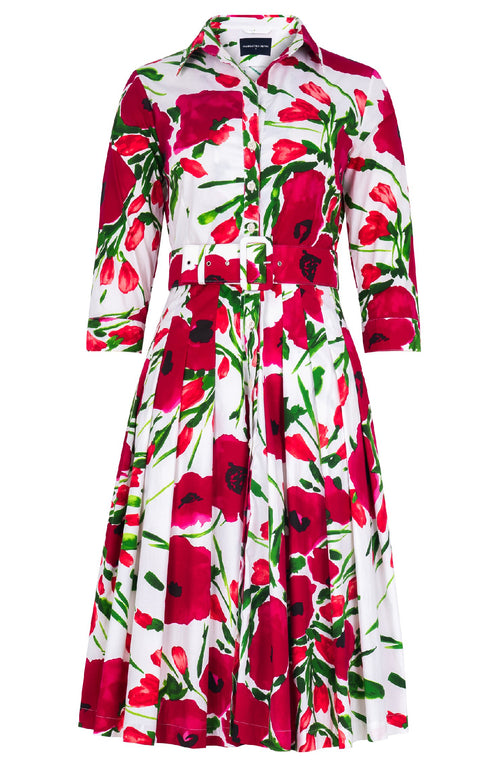 Audrey Dress #4 Shirt Collar 3/4 Sleeve Regular Length Cotton Stretch (Fiori Poppy White)