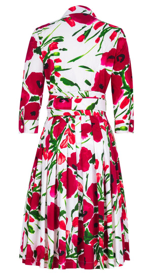 Audrey Dress #4 Shirt Collar 3/4 Sleeve Regular Length Cotton Stretch (Fiori Poppy Big White)