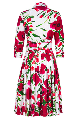Audrey Dress #4 Shirt Collar 3/4 Sleeve Regular Length Cotton Stretch (Fiori Poppy White)