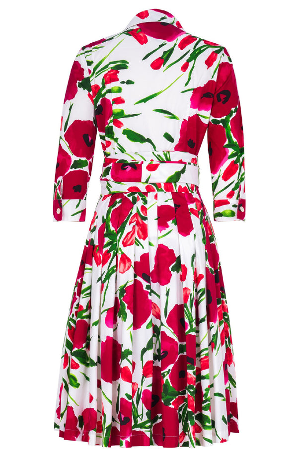 Audrey Dress #4 Shirt Collar 3/4 Sleeve Regular Length Cotton Stretch (Fiori Poppy White)