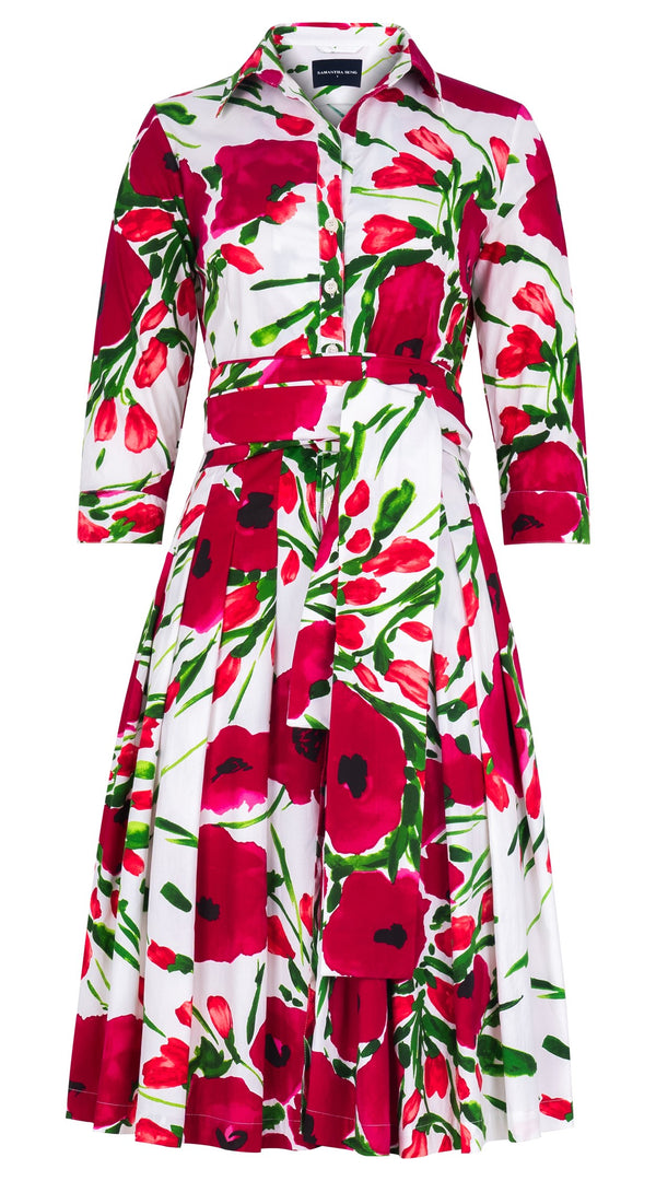 Audrey Dress #4 Shirt Collar 3/4 Sleeve Regular Length Cotton Stretch (Fiori Poppy Big White)