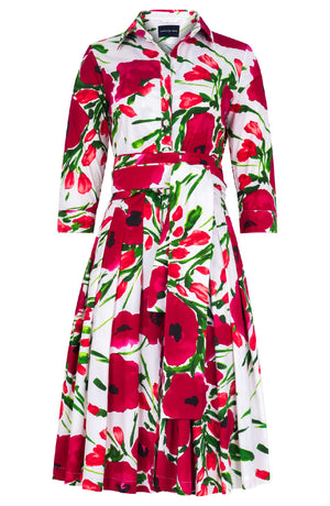 Audrey Dress #4 Shirt Collar 3/4 Sleeve Regular Length Cotton Stretch (Fiori Poppy White)