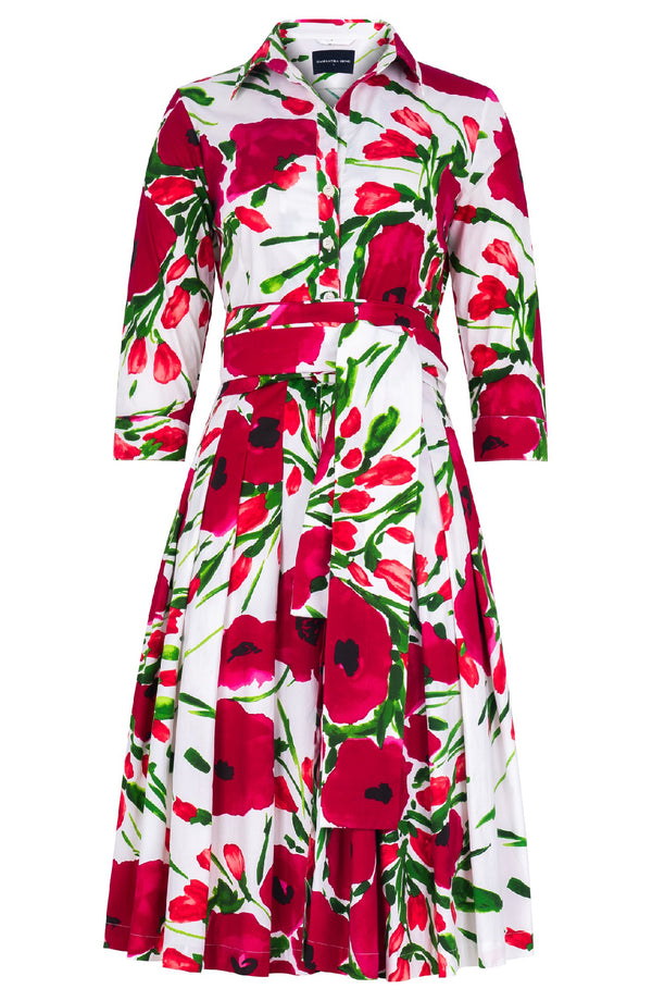 Audrey Dress #4 Shirt Collar 3/4 Sleeve Regular Length Cotton Stretch (Fiori Poppy White)