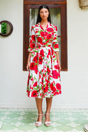 Aster Dress Shirt Collar 3/4 Sleeve Midi Length Cotton Musola (Fiori Poppy White)