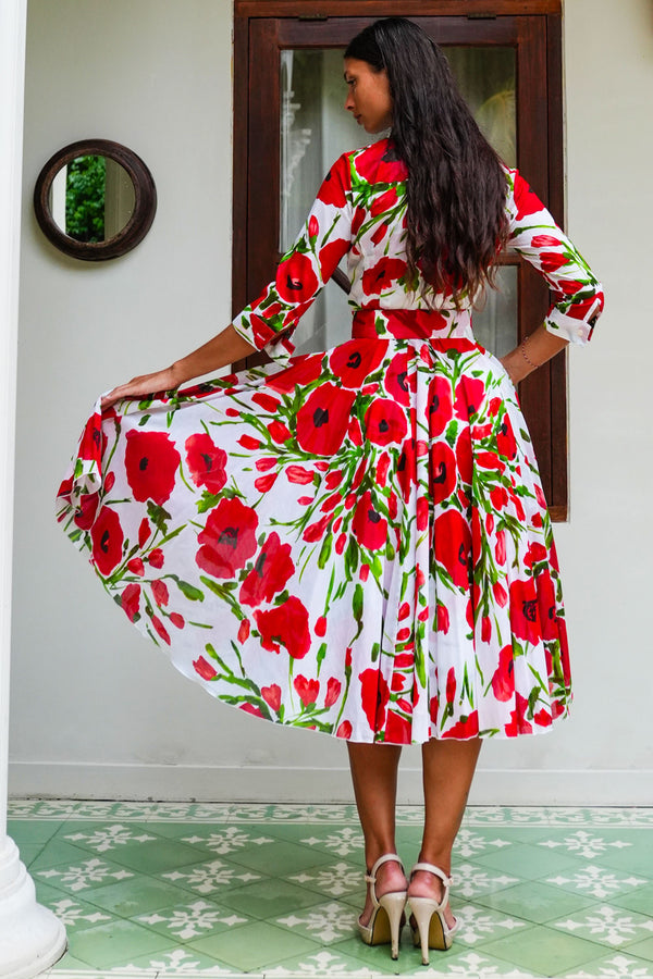 Aster Dress Shirt Collar 3/4 Sleeve Midi Length Cotton Musola (Fiori Poppy White)