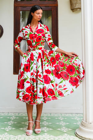 Aster Dress Shirt Collar 3/4 Sleeve Midi Length Cotton Musola (Fiori Poppy White)