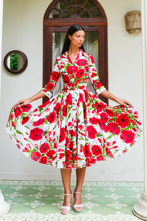 Aster Dress Shirt Collar 3/4 Sleeve Midi Length Cotton Musola (Fiori Poppy White)