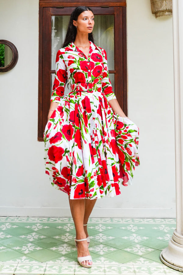 Aster Dress Shirt Collar 3/4 Sleeve Midi Length Cotton Musola (Fiori Poppy White)