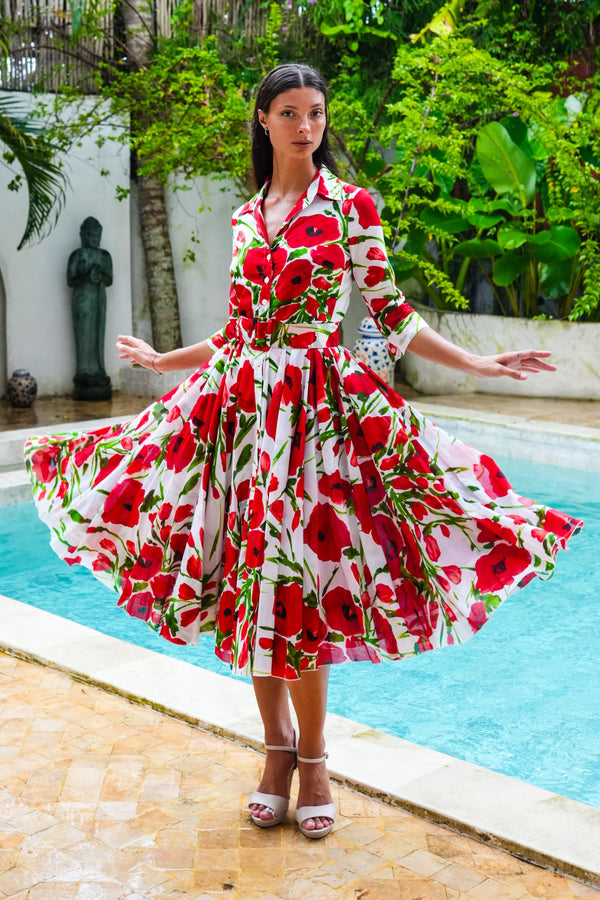 Aster Dress Shirt Collar 3/4 Sleeve Midi Length Cotton Musola (Fiori Poppy White)