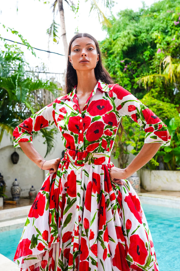 Aster Dress Shirt Collar 3/4 Sleeve Midi Length Cotton Musola (Fiori Poppy White)