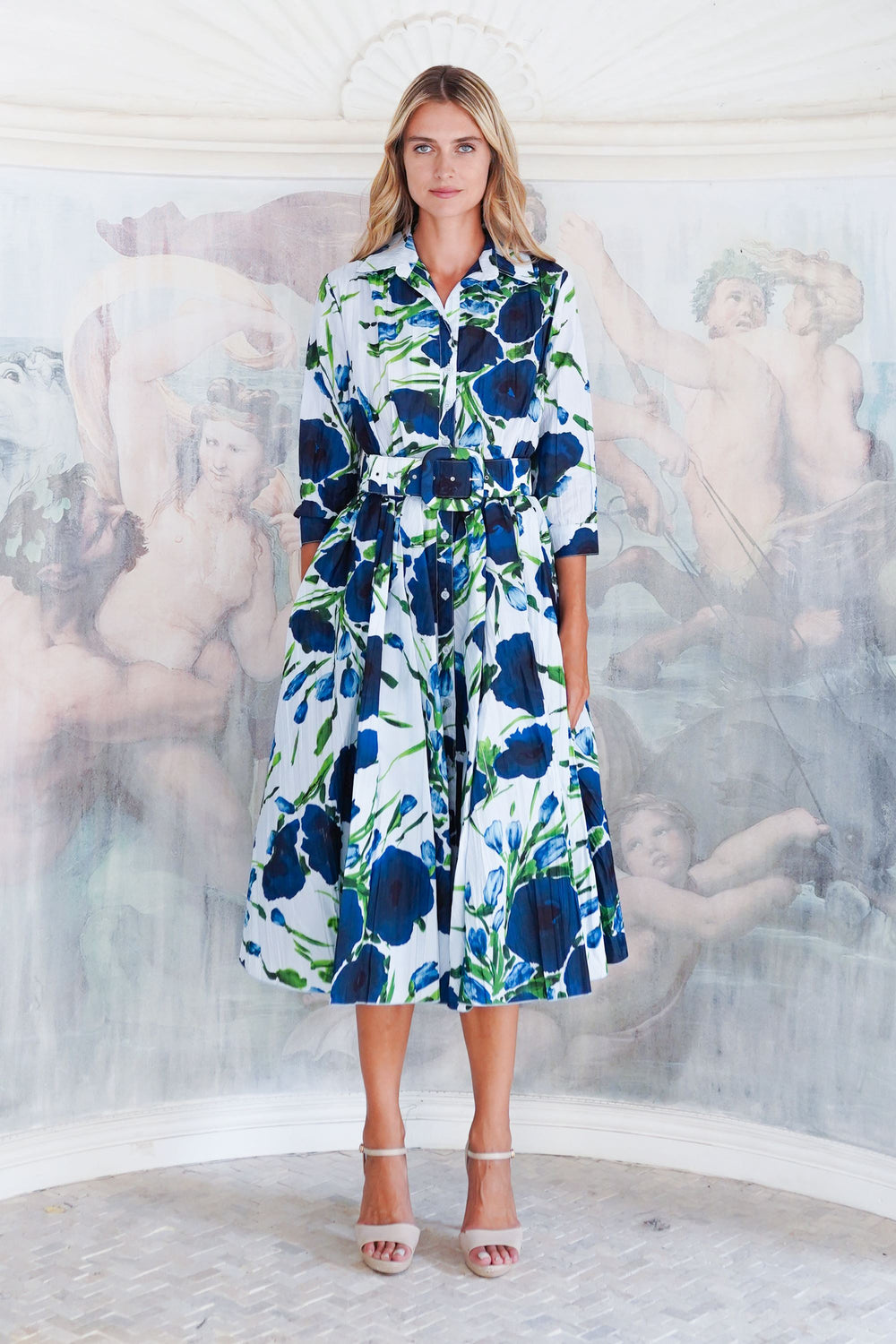 Terry Dress Shirt Collar 3/4 Sleeve Midi Length Poliamide Taffta (Fiori Poppy Big Pastel)