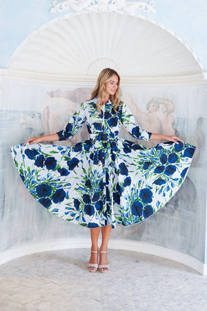 Terry Dress Shirt Collar 3/4 Sleeve Midi Length Poliamide Taffta (Fiori Poppy Big Pastel)