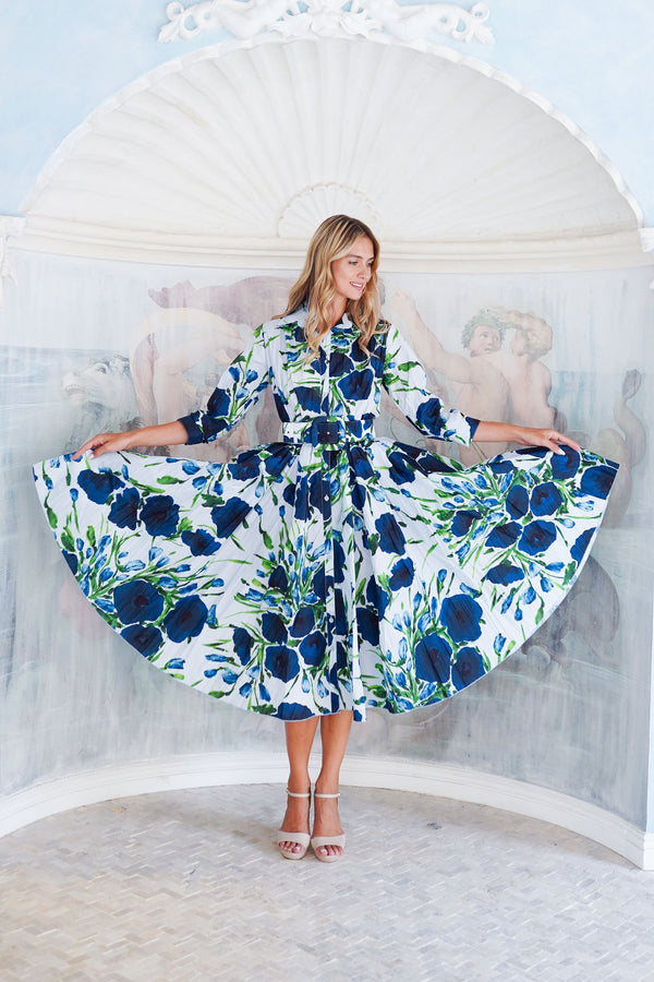 Terry Dress Shirt Collar 3/4 Sleeve Midi Length Poliamide Taffta (Fiori Poppy Big Pastel)