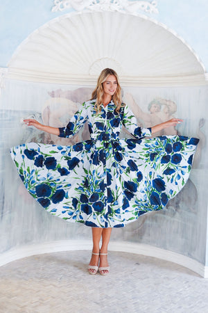 Terry Dress Shirt Collar 3/4 Sleeve Midi Length Poliamide Taffta (Fiori Poppy Big Pastel)