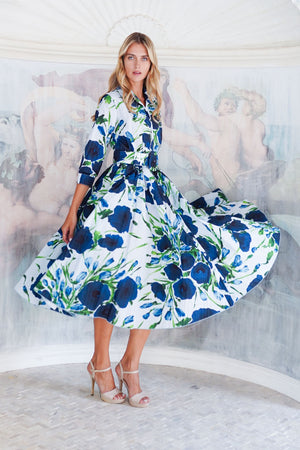 Terry Dress Shirt Collar 3/4 Sleeve Midi Length Poliamide Taffta (Fiori Poppy Big Pastel)