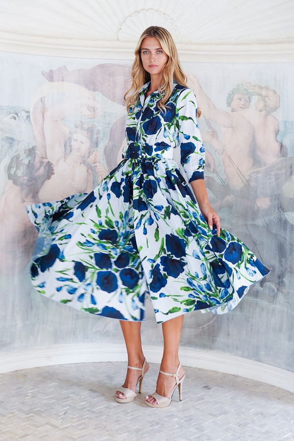 Terry Dress Shirt Collar 3/4 Sleeve Midi Length Poliamide Taffta (Fiori Poppy Big Pastel)