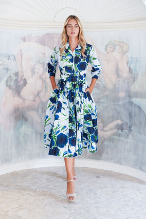 Terry Dress Shirt Collar 3/4 Sleeve Midi Length Poliamide Taffta (Fiori Poppy Big Pastel)