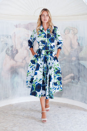 Terry Dress Shirt Collar 3/4 Sleeve Midi Length Poliamide Taffta (Fiori Poppy Big Pastel)