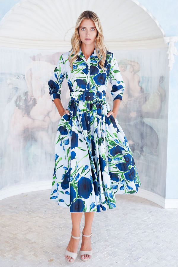 Terry Dress Shirt Collar 3/4 Sleeve Midi Length Poliamide Taffta (Fiori Poppy Big Pastel)