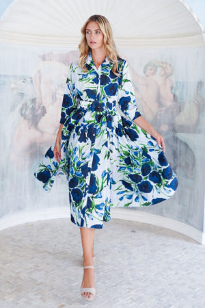 Terry Dress Shirt Collar 3/4 Sleeve Midi Length Poliamide Taffta (Fiori Poppy Big Pastel)